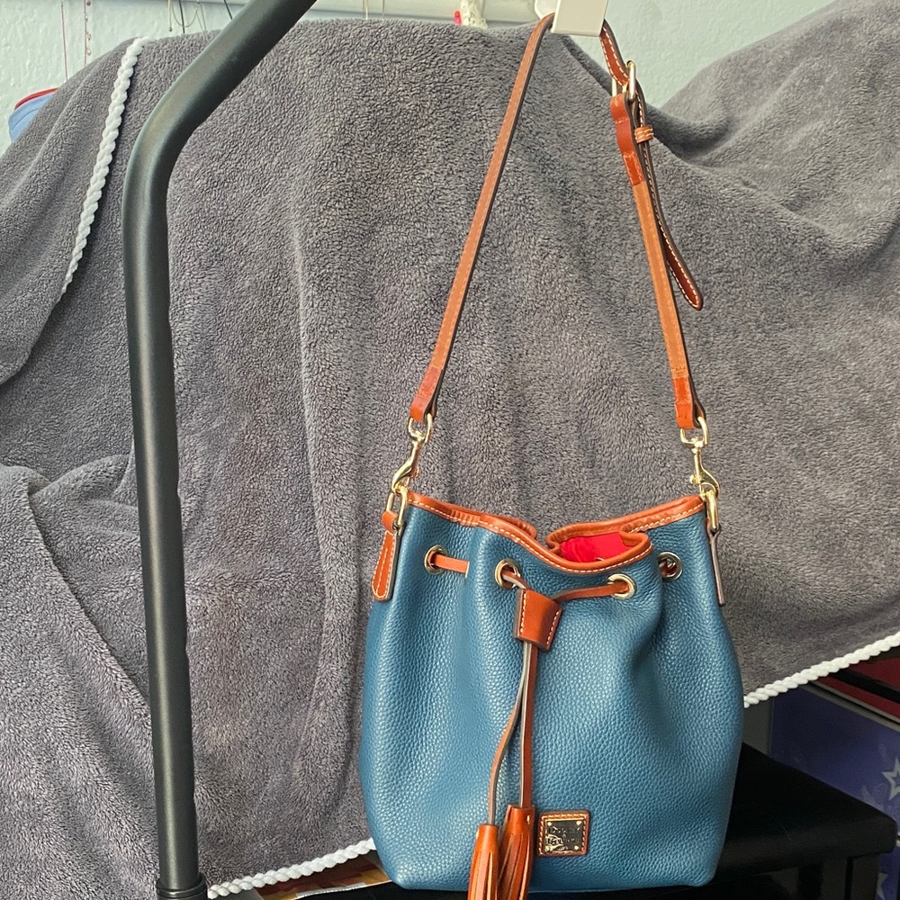 Dooney & Bourke Denim Blue and Brown Drawstring Bag